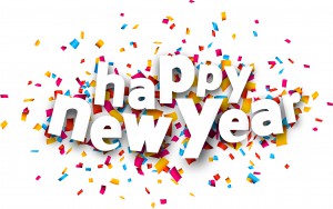 Happy new year paper sign over confetti. Vector holiday illustration.
