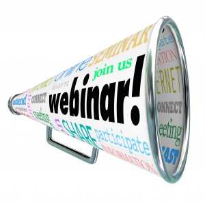 A bullhorn or megaphone with the word Webinar to spread the word of a new webcast, online seminar or internet training education session for you to register for and attend to learn new information