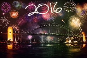 New year celebration with colorful fireworks and numbers 2016 over the Sydney Harbour Bridge