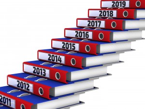 Office folders stacked in the form of steps. 2011-2019 year. The three-dimensional illustration